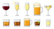 © G Factory - An array of stylized alcohol drinks from beer mugs to stemmed wine glasses fills the image