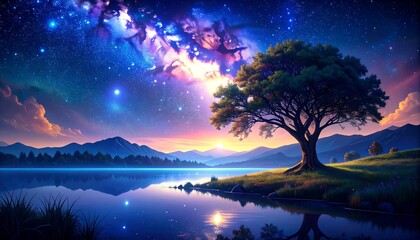 A vibrant tree stands by calm waters, reflecting a colorful celestial sky and rolling hills at sunset