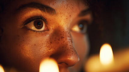 Wall Mural - a close-up of a personâs thoughtful eyes reflecting candlelight