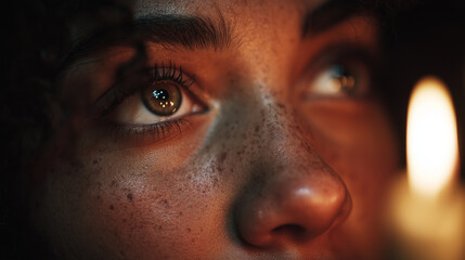 Wall Mural - a close-up of a personâs thoughtful eyes reflecting candlelight