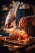 © Віталій Б. - A chef carefully slices a roasted piece of meat while flames flare up in a warm, inviting kitchen. The scene captures the essence of culinary artistry at night