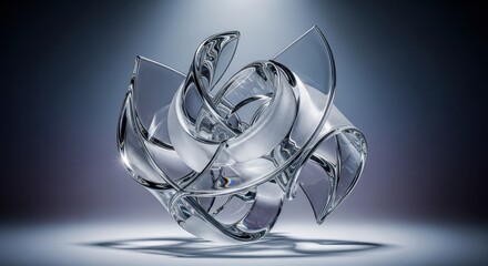 Abstract glass sculpture with transparent curves evokes elegance. Abstract glass sculpture shows intricate design, with flowing, see through features and a delicate form, reflecting light beautifully.