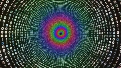 A vibrant digital rainbow swirls at the center of a hypnotic tunnel of streaming binary code, creating an abstract background for technology and data concepts