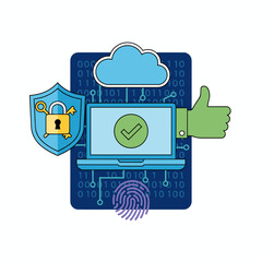 Cybersecurity and personal data protection concept featuring a digital lock shield, a trendy pop‑art collage search theme, halftone hand imagery, and a modern retro textured vector illustration