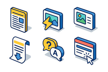 isometric web content icons: article, image, faq, download