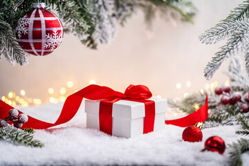 Wall Mural - white gift box with red ribbon and ornaments under snowy branches, set against warm holiday lights. 