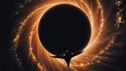 Wall Mural - Dynamic view of a spacecraft approaching a celestial body with swirling energy