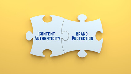 Wall Mural - Content Authenticity and Brand Protection text message on jigsaw puzzle pieces. white puzzle and yellow background