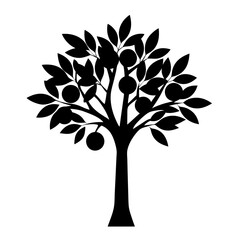 Stylized black and white tree with fruit and leaves illustration design