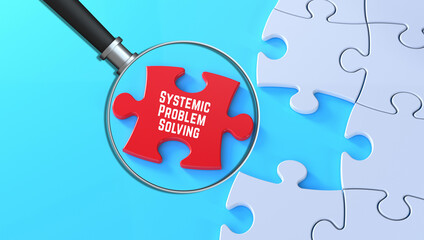 Wall Mural - Systemic Problem Solving message magnified on red puzzle background in 3D text banner style