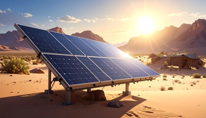 A large solar panel array stands in a desert landscape, bathed in the warm light of a desert sunrise.