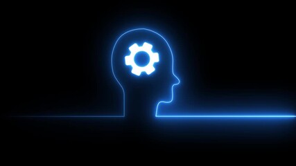 Animated gear icons inside head present operation management involving business process, high performance, monitoring and evaluation, neon line Human head with gear inside icon animation
