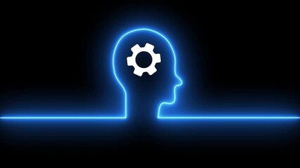 Animated gear icons inside head present operation management involving business process, high performance, monitoring and evaluation, neon line Human head with gear inside icon animation