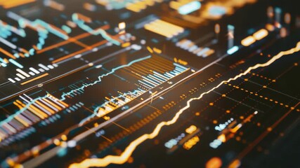 Wall Mural - Bright digital data screens on a futuristic dashboard with graphical overlay and lights.