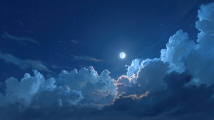 Wall Mural - Night sky reveals a full moon casting a serene glow on fluffy clouds, creating a magical atmosphere filled with stars, perfect for nighttime contemplation.