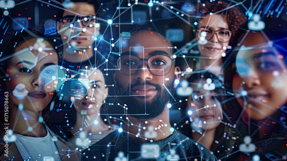 Diverse group of people with overlaid digital graphics representing ...