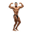 © Nazlykhan - Young caucasian male bodybuilder flexing muscles in black briefs isolated on transparent background