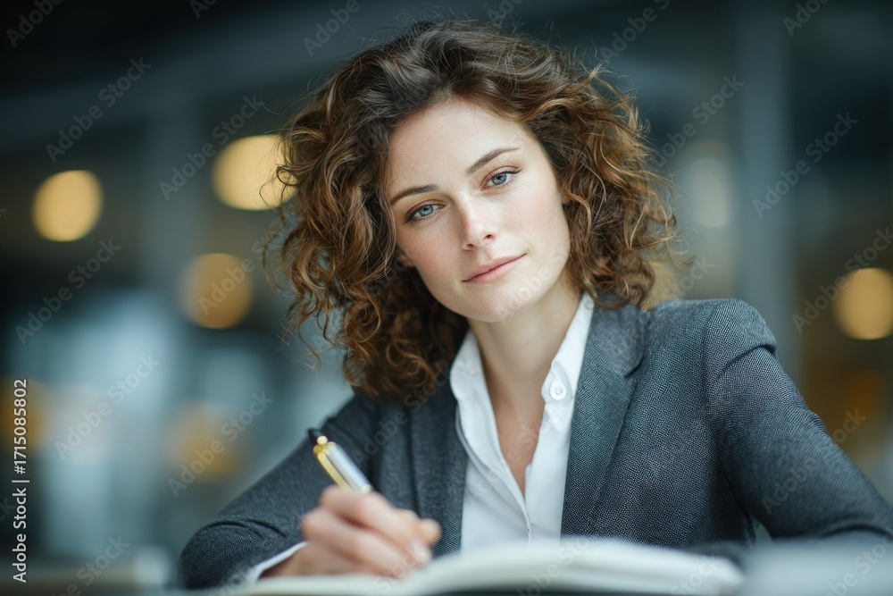 A focused woman with curly hair is writing notes in a modern office. She wears a blazer and has a serious expression. The background features soft lighting and contemporary decor.