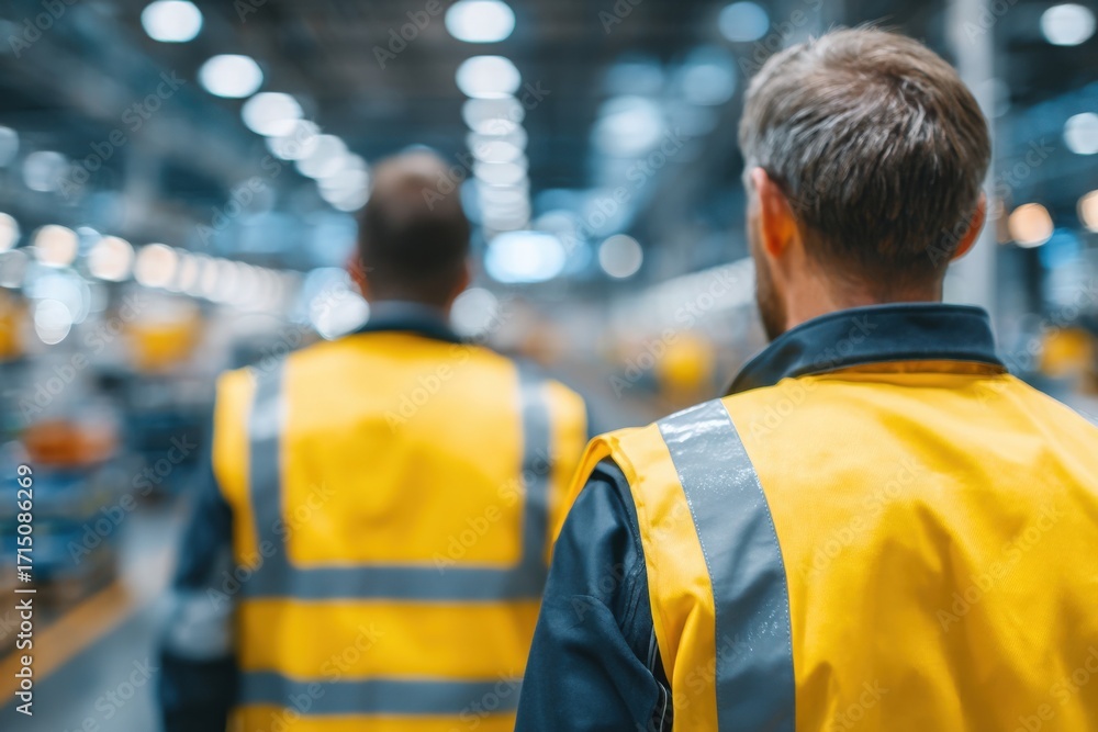 Two workers in yellow safety vests are walking through a large industrial space. The environment is bright, with many lights overhead and machinery in the background.