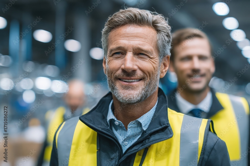 Two warehouse managers are smiling and interacting in a busy distribution center. The men wear yellow safety vests and showcase a sense of teamwork and leadership among fellow workers.