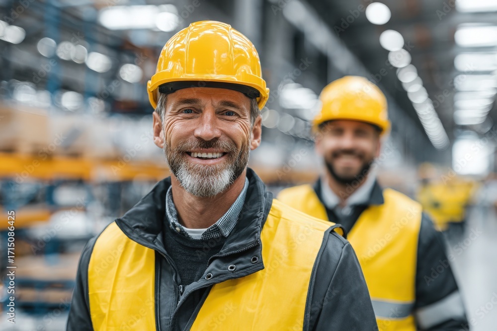 Two men wearing yellow hard hats and vests stand in a spacious warehouse. They are smiling, showing teamwork and safety in an industrial environment during daylight hours.