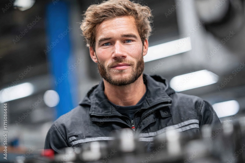 A young technician stands in a well-lit workshop, smiling confidently while working on car parts. He wears a dark jacket and has short, tousled hair. The background shows various tools and equipment.