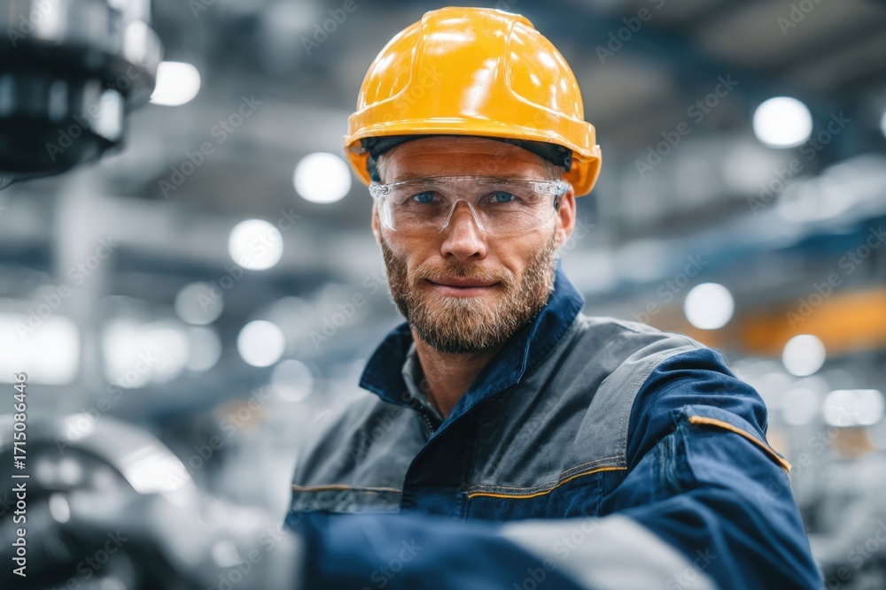 A man in a hard hat and safety glasses works at a machine in a large factory. He appears focused and is wearing a blue work uniform. Bright lights illuminate the spacious work area.