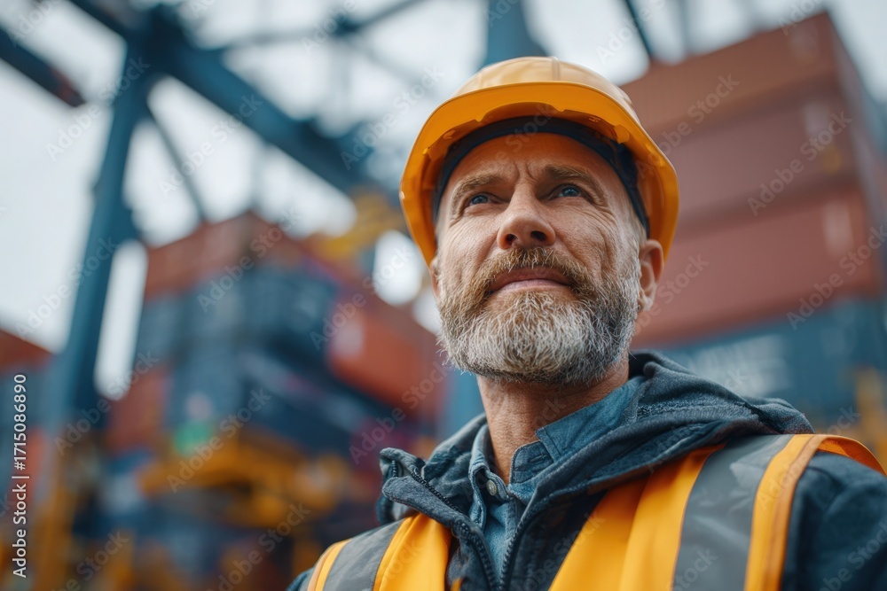 A dedicated worker wearing a hard hat and reflective vest surveys the shipping yard filled with containers. His focused expression shows commitment to safety and efficiency in cargo handling.