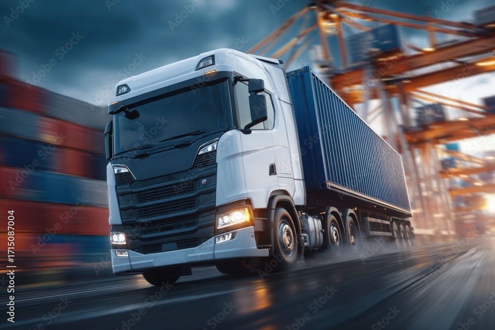 A strong truck maneuvering through a bustling shipping port, carrying a large blue container. The scene captures the essence of logistics and transportation during twilight hours.