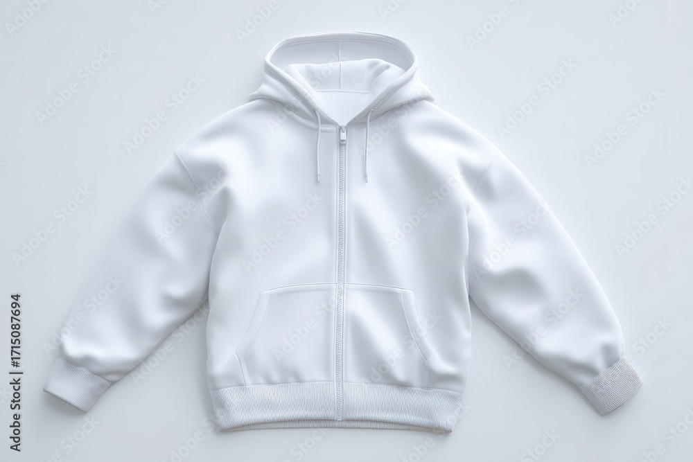 A white zip-up hoodie is laid flat against a simple background. The hoodie features a front pocket and a comfortable fit, perfect for casual wear or layering in any season.