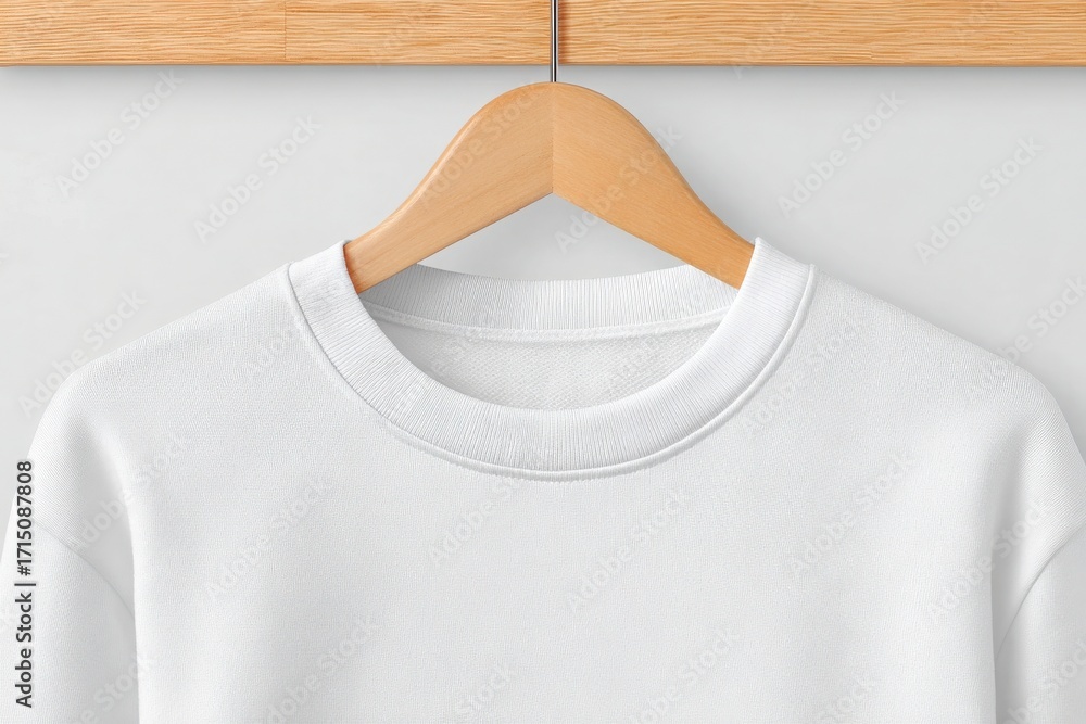 A plain white sweatshirt is displayed on a wooden hanger. The focus is on the comfortable neckline and the soft fabric. This scene captures a minimalistic style good for casual wear.