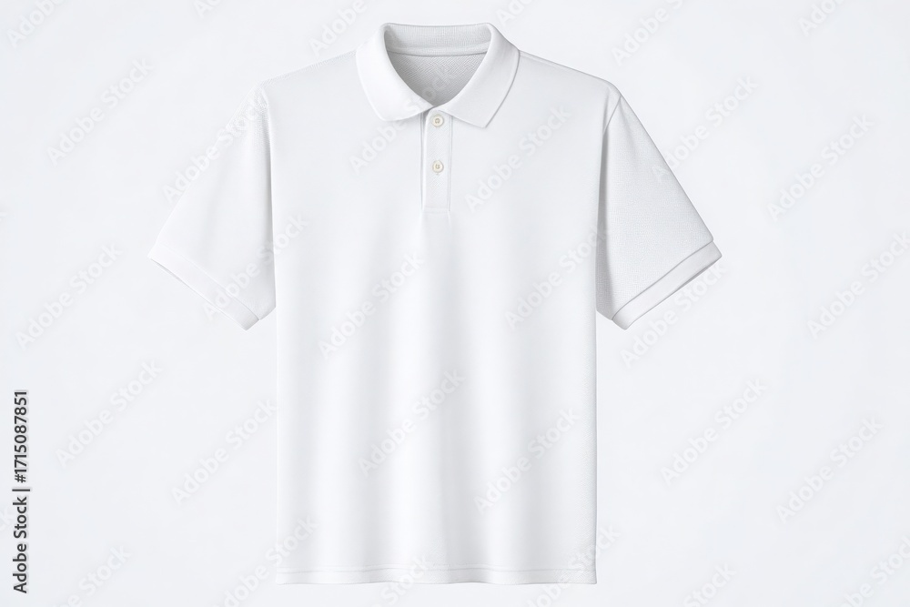 A plain white polo shirt is shown hanging on a neutral background. The shirt features a classic collar and button-up placket, ideal for casual or formal occasions. It offers a clean, timeless look.