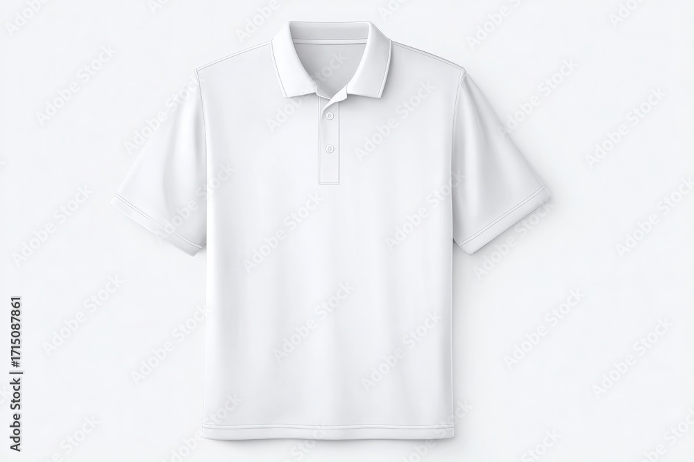 A plain white polo shirt is neatly presented against a gray background, highlighting its classic design and versatility.