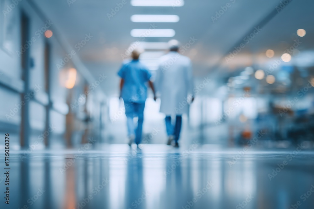 Two healthcare workers walk side by side in a hospital corridor. One wears scrubs, and the other is in a white coat.