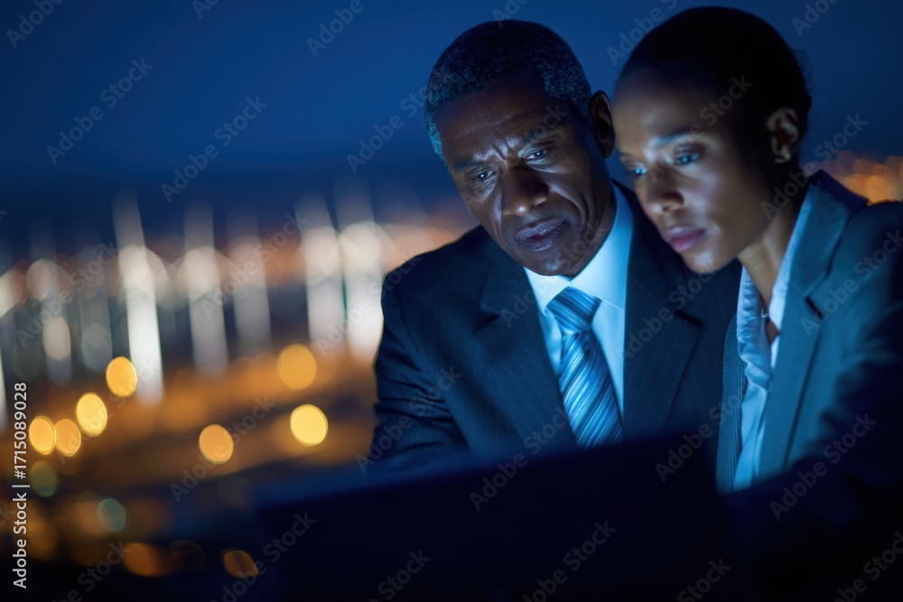 Two business professionals discuss a project in a low-lit environment with city lights shining in the background, reflecting a focused work atmosphere during evening hours.
