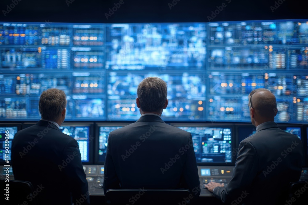 Three professionals are seated in a modern control room. They observe numerous screens displaying information and data. The setting suggests a focus on monitoring operations and decision-making.