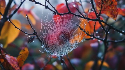 Delicate spiderweb adorned with morning dew on an autumnal branch.