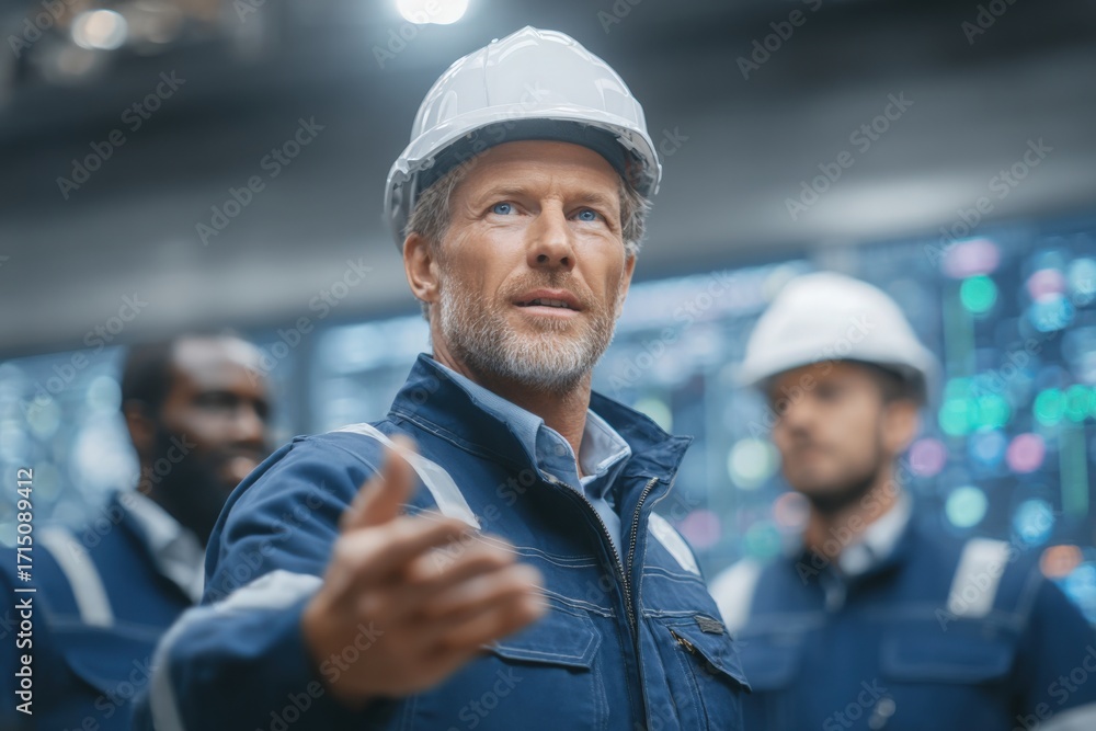 A group of engineers in safety helmets stands in a high-tech control room. One leader gestures while explaining a project. The team listens attentively to his guidance and insights.