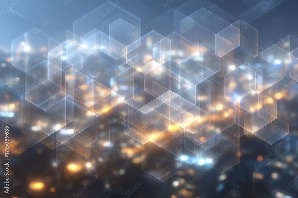 Bright city lights glow in the night as a hexagonal overlay adds a modern touch. This view captures the vibrant atmosphere of urban life after dark, blending shapes and colors beautifully.