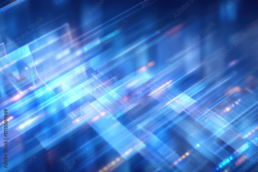 This artwork features a vivid abstract design with dynamic blue streaks and glowing light elements. The composition conveys a sense of motion, energy, and modern technology.