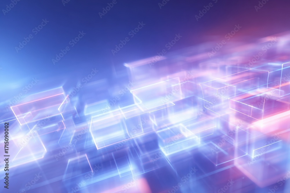 Swirling light patterns blend various shades of blue and pink, creating a vibrant digital atmosphere. This artwork resembles modern technology, eliciting a sense of movement and depth.