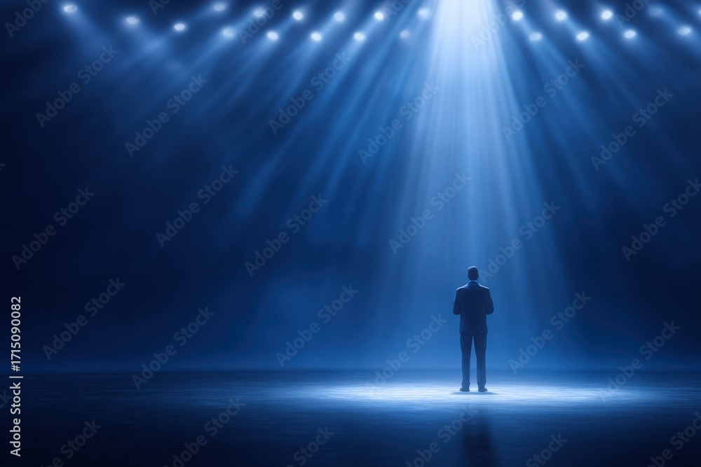 A performer stands alone under a bright spotlight, surrounded by a deep blue haze. The scene evokes emotion and anticipation, with focused lighting highlighting the performer.