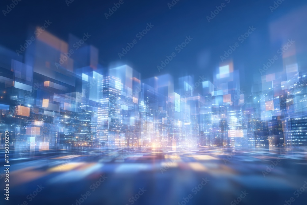 Bright city skyline showcases modern buildings under a blue night sky. Glowing lights create an abstract appearance, adding a vibrant feel to the urban landscape.