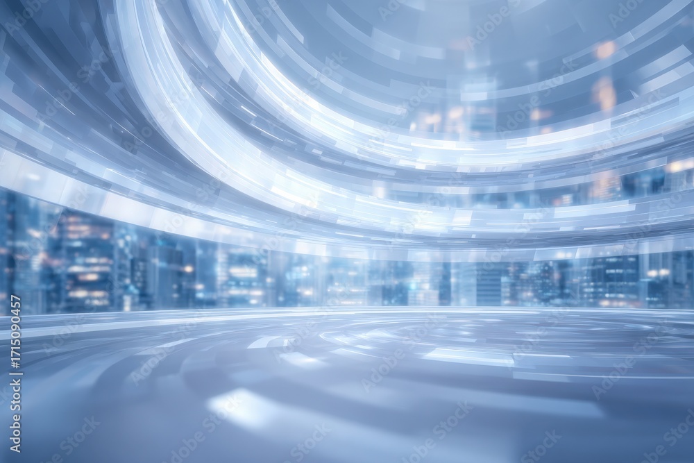 A sleek and futuristic studio space is filled with glowing lines and abstract patterns. The background features a digital cityscape, creating an ideal setting for presentations or videos.