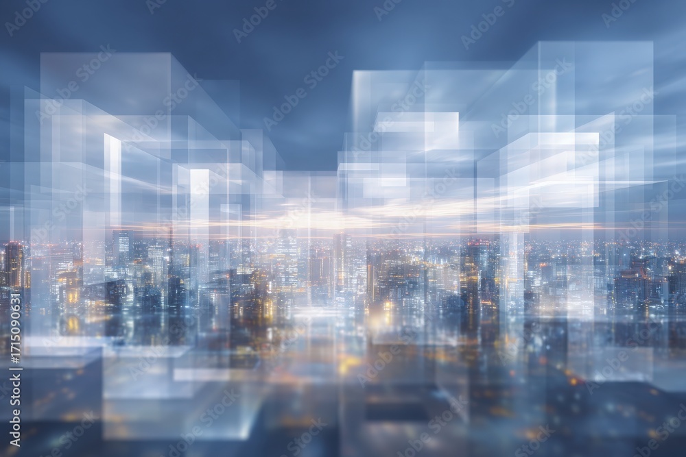 A vibrant city skyline showcases towering buildings and lights as twilight sets in. An abstract overlay enhances the scene, creating a dynamic visual effect.