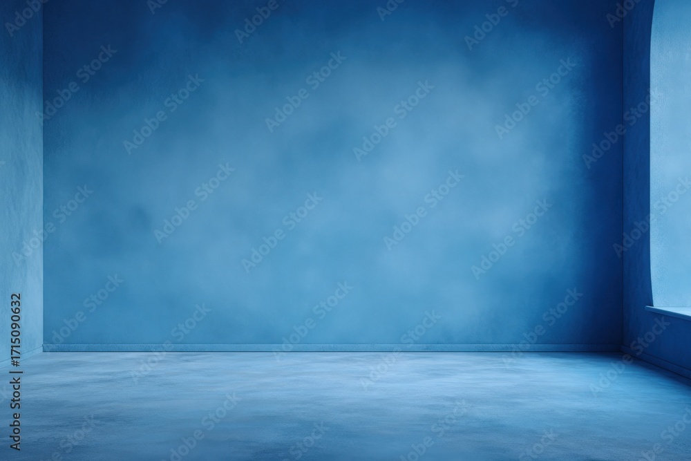 A spacious room features smooth blue walls with a calming tone. An arched window adds light and depth, creating a serene environment perfect for relaxation or creativity.