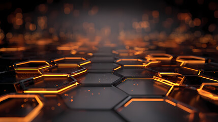 Abstract Hexagon Tech Background with Illuminated Orange Lights, Futuristic Design