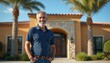 © Viktor - Mature Hispanic man with gray beard smiles confidently outdoors. Wearing blue polo shirt, jeans, standing in front of tan building with palm trees. Represents entrepreneurship, small business