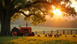 © Viktor - Tranquil farm landscape at sunset with vintage tractor, chickens grazing in golden hour light. Rustic countryside scene evokes peaceful serenity. Mature tree provides shade over grassy meadow with
