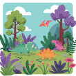 © NurAiniDewi - A vibrant cartoon illustration of a prehistoric landscape filled with various dinosaurs and lush vegetation under a clear blue sky.